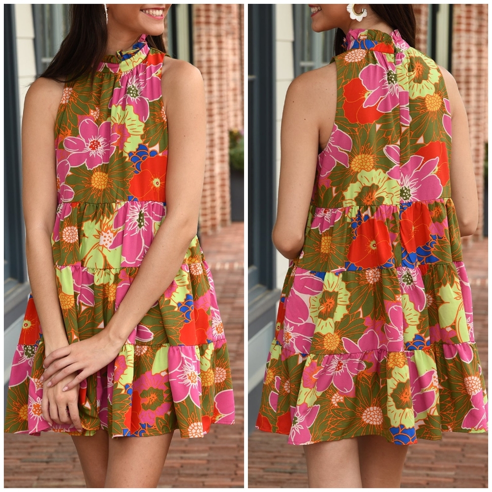 TCEC Floral Mock Neck Tiered Short Swing  Dress - Picture 4 of 8